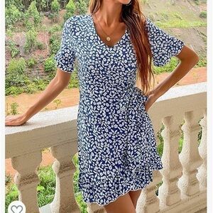 Mini Dress Floral Ruffle Sleeve Print High Waist V Neck Dresses with Belt  NWT